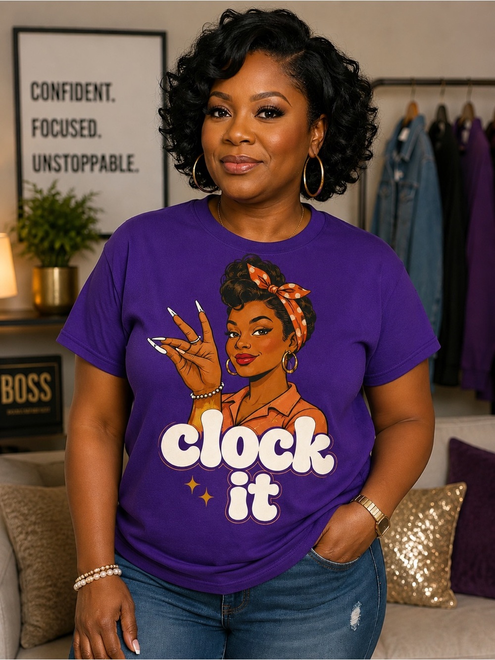Gildan Purple “Clock It” Graphic Tee for Women